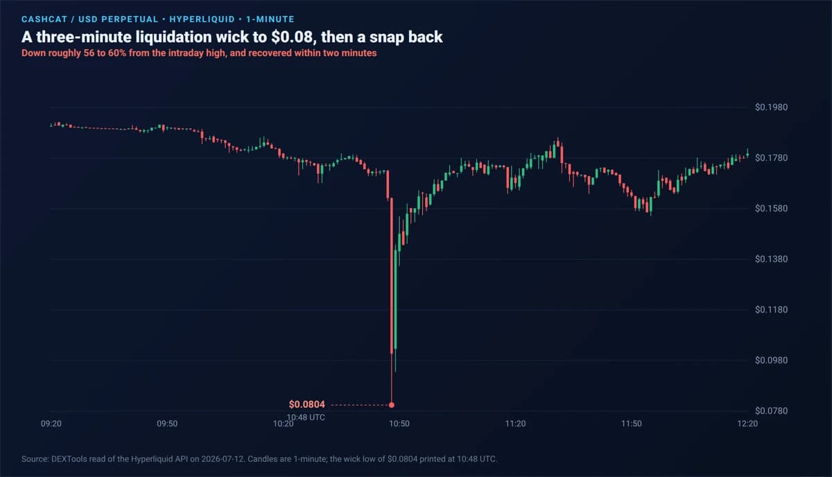 CASHCAT Wicked to $0.08 in Three Minutes on Hyperliquid, About 60% Down, Then Snapped Right Back