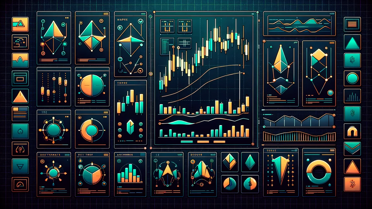 Grid of stylized crypto chart patterns including head and shoulders, double top, ascending triangle, bull flag and cup and handle