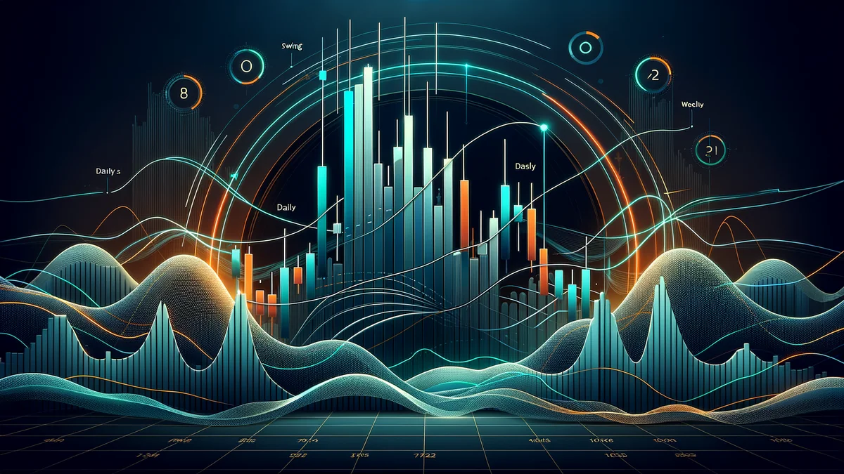 Multi-day candlestick chart with arching swing-high and swing-low arrows tracing the larger waves