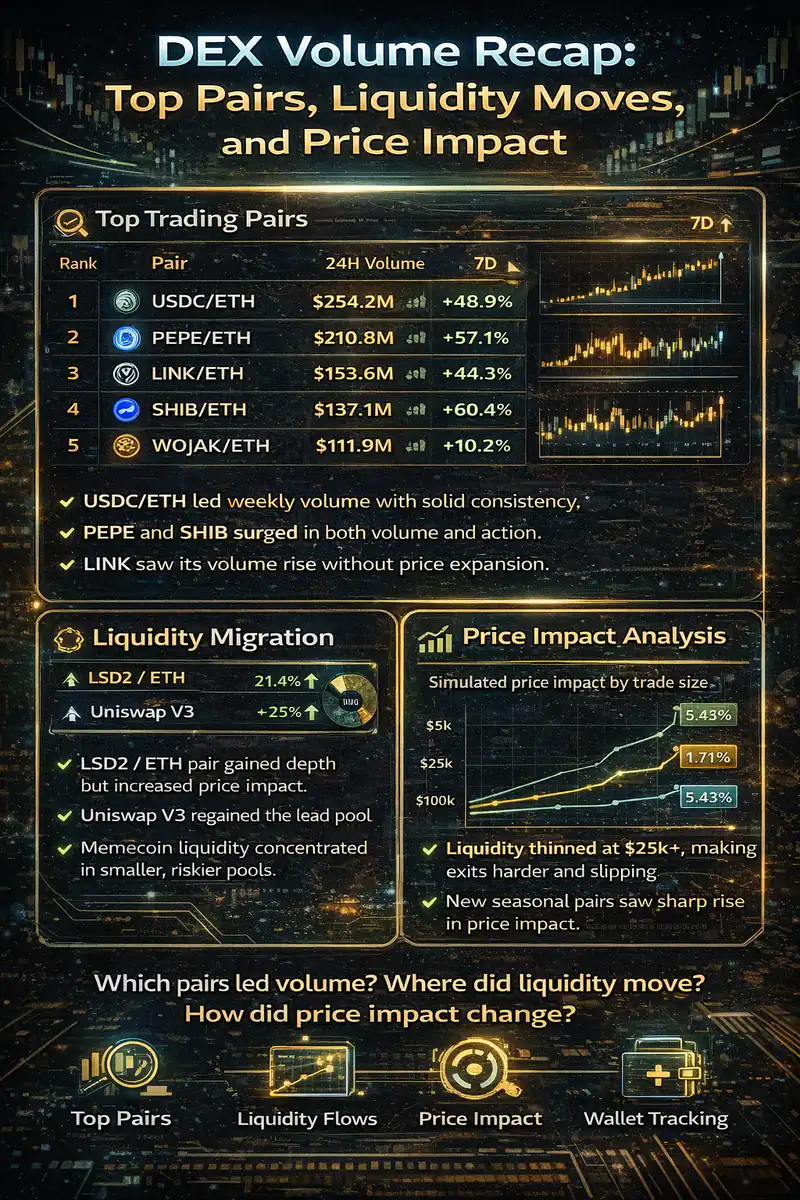 DEX volume recap showing liquidity trends and price impact insights for top performing trading pairs.