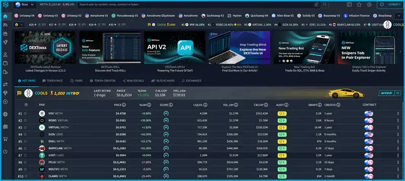 Diverse tokens on Base blockchain showcased in DEXTools token scanner for crypto traders in 2026.