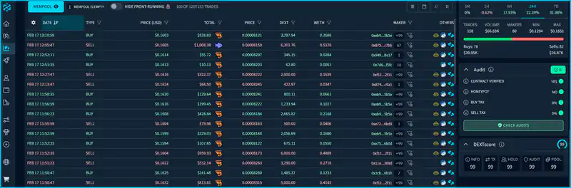 User interface of DEXTools showcasing new crypto tokens and trading pairs for early investment opportunities.