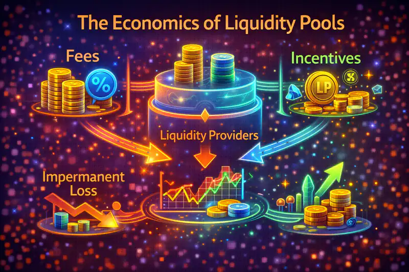 Illustration of liquidity pools in DeFi, showcasing smart contracts and passive income for liquidity providers.