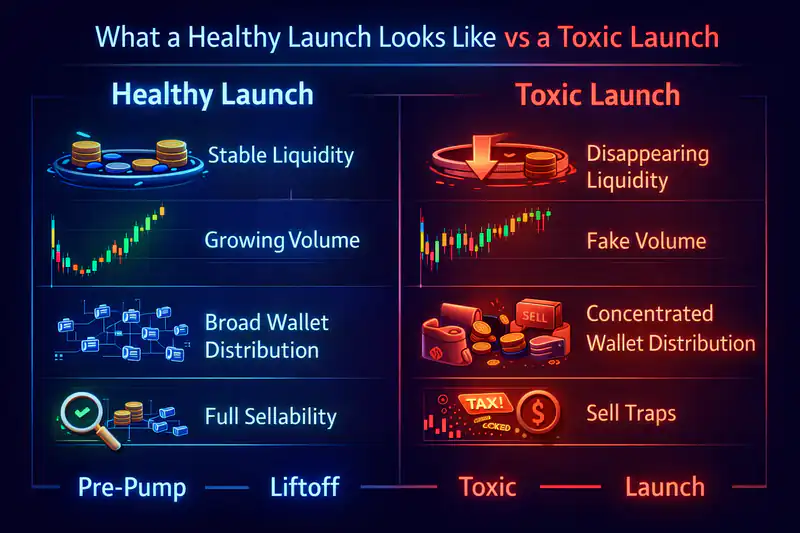 Healthy token launch vs toxic launch comparison with on-chain data analysis and liquidity behavior insights.
