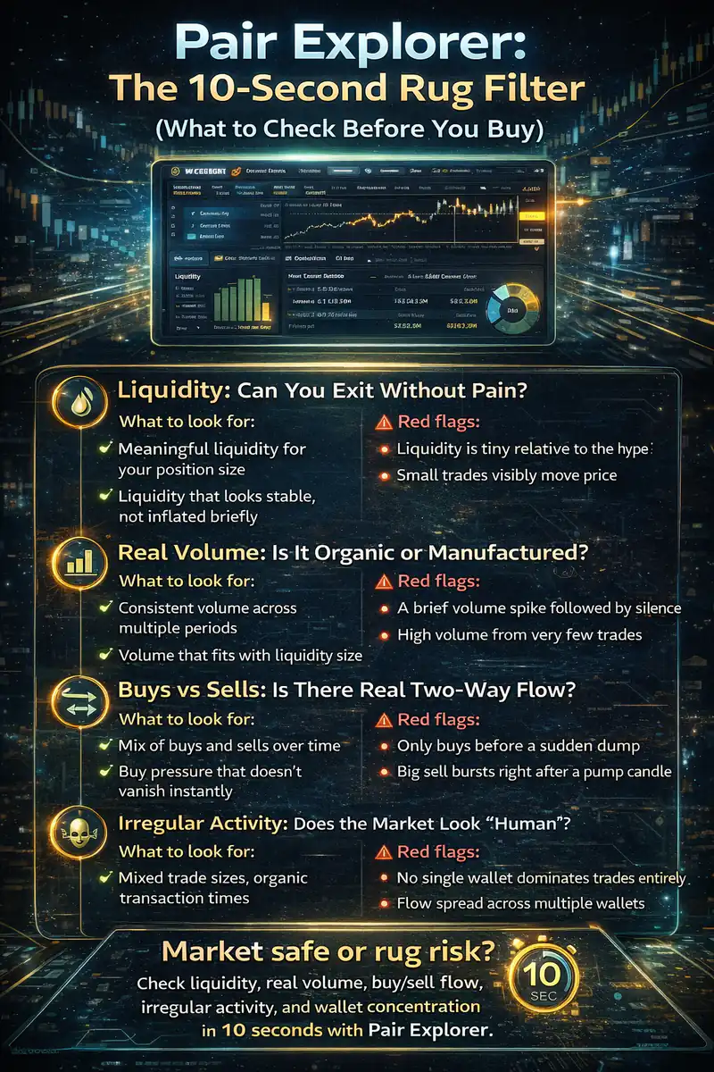 Pair Explorer's 10-second checklist for identifying rug pulls in DeFi trading, ensuring safer investments.