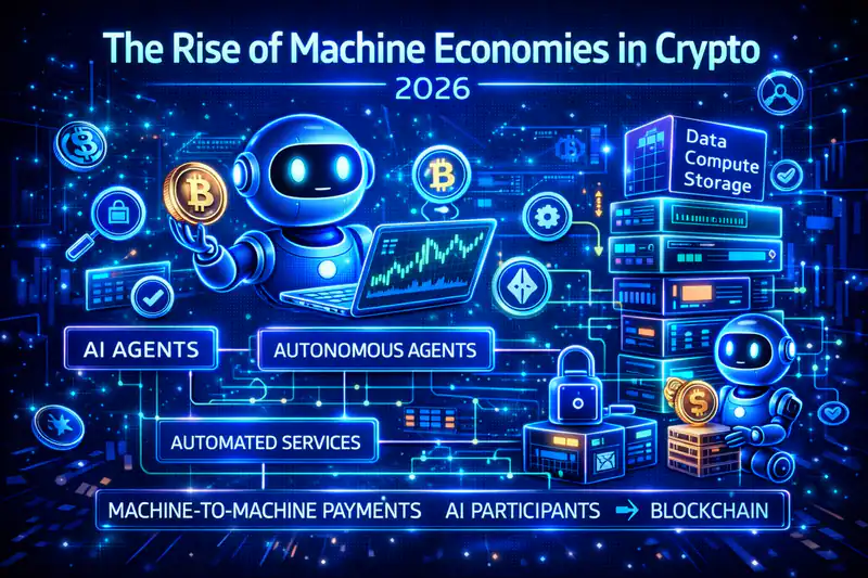 AI agents driving machine economies in crypto, showcasing the shift from human to software dominance in 2026.