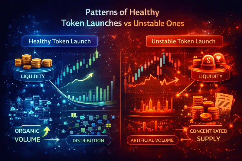 Comparison of healthy and unstable token launch patterns highlighting market stability and risks in cryptocurrency.