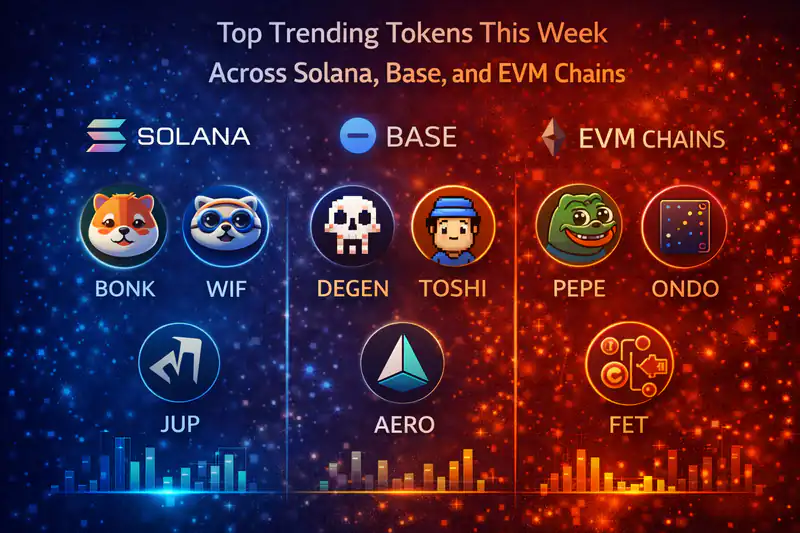 Crypto tokens trending this week on Solana, Base, and EVM chains, showcasing increased trading momentum and liquidity.