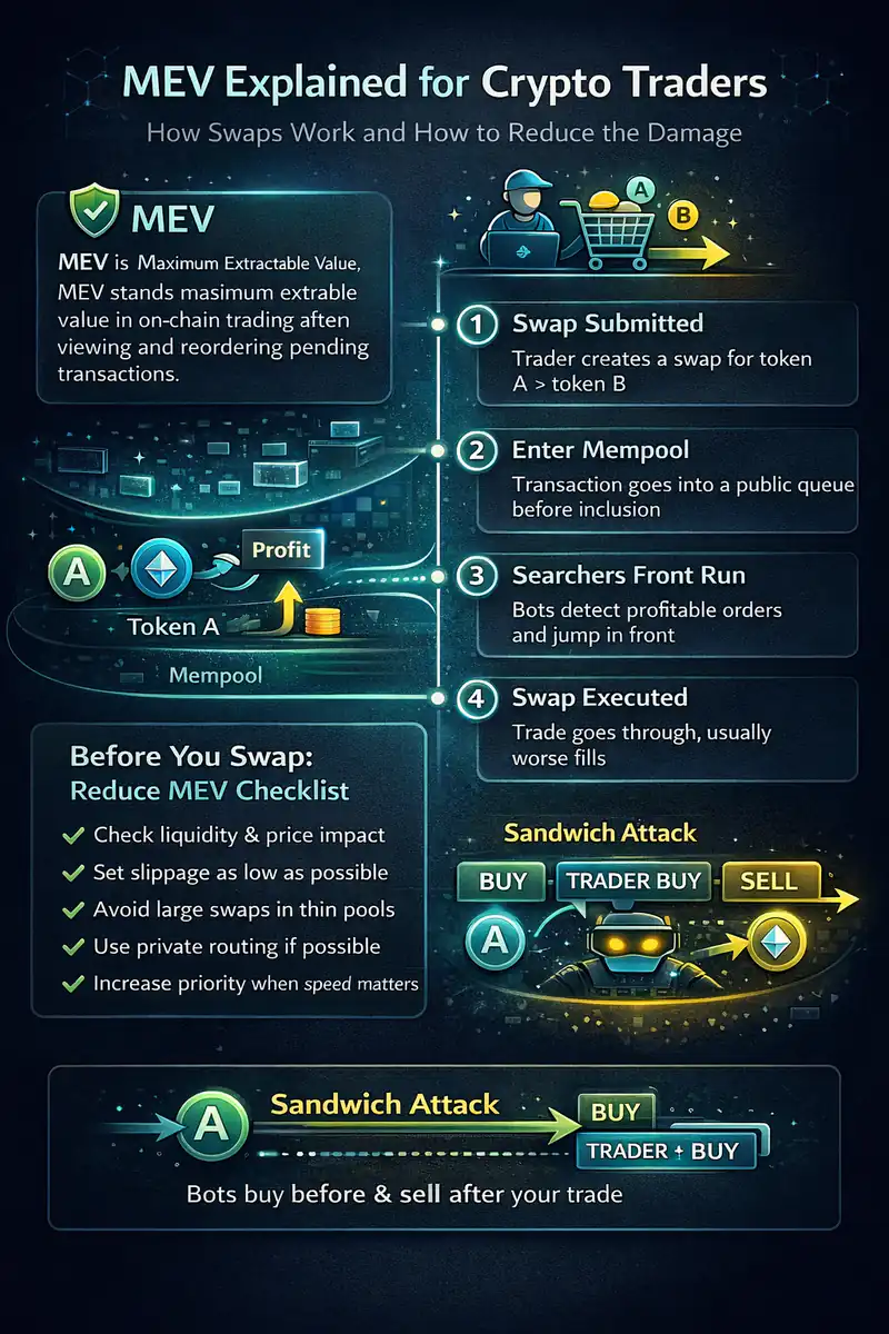 Crypto trader analyzing MEV risks to minimize losses from transaction competition in the mempool.