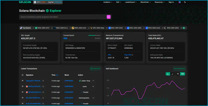 Solana blockchain explorer interface showcasing transaction validation and staking process for SOL cryptocurrency.