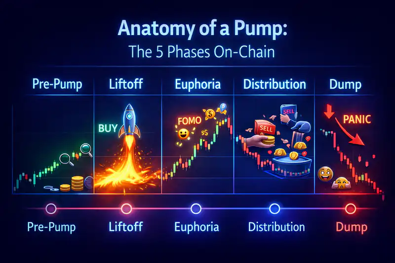 Crypto pump phases illustrated in a chart, highlighting price action, liquidity, and wallet behavior in memecoin markets.