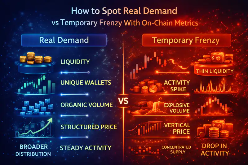 On-chain metrics analysis for distinguishing real demand from market frenzy in cryptocurrency trading.