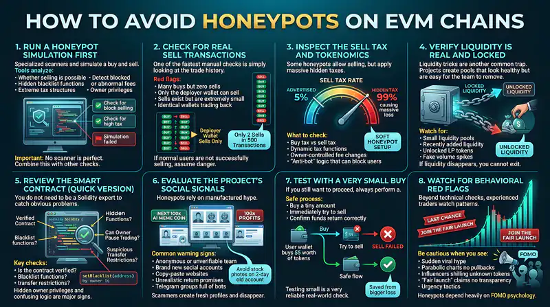Checklist for avoiding honeypots on EVM chains, highlighting key strategies for safe trading in the crypto ecosystem.