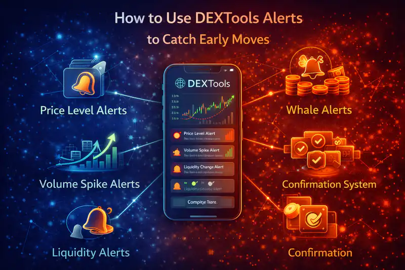 A trader setting up DEXTools alerts on a computer screen to monitor crypto market trends and opportunities.