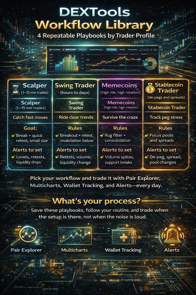 DEXTools Workflow Library showcases 4 trading playbooks for structured trading strategies and smarter decision-making.