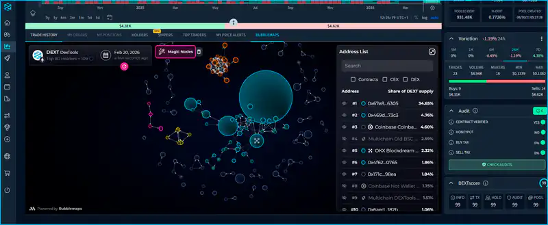 Bubble map visualization of token distribution and holder concentration analysis using DEXTools for cryptocurrency projects.
