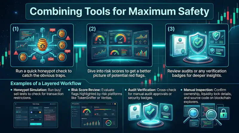 Infographic showcasing top token security tools for 2026, including honeypot detectors, risk reviews, and audits.