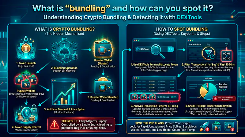 Infographic explaining bundled supply risks in the 2026 memecoin market, highlighting automation and deception in trading.