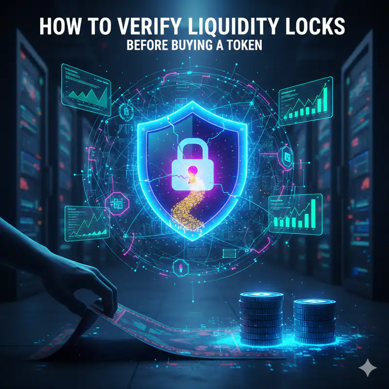 An infographic illustrating steps to check liquidity locks before investing in DeFi tokens to avoid scams.