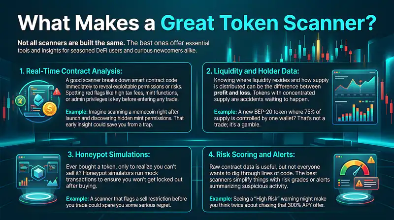 Illustration of a token scanner interface for BNB Chain, highlighting features for decentralized finance applications.