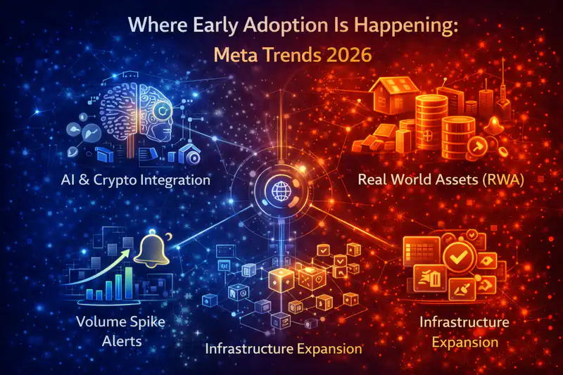 AI and blockchain integration driving crypto adoption trends in 2026, showcasing real-world economic applications.