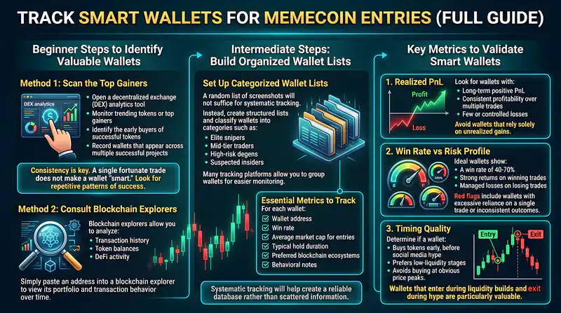 Smart wallet tracking for memecoin trading, showcasing analytics and strategies for early market entries.
