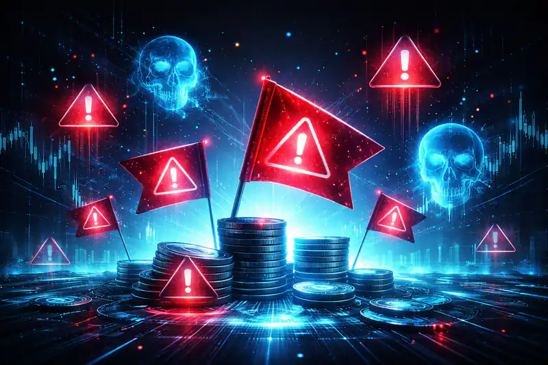 Crypto trader analyzing market trends on a laptop, highlighting red flags in cryptocurrency trading for better decision-making.